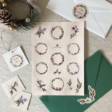 漫步植物園系列 / 圖鑑貼紙 - 花圈花草 (一份兩張)