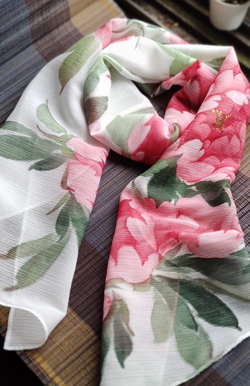 SS23-春漾手繪雪紡輕清小圍巾~牡丹*雅白