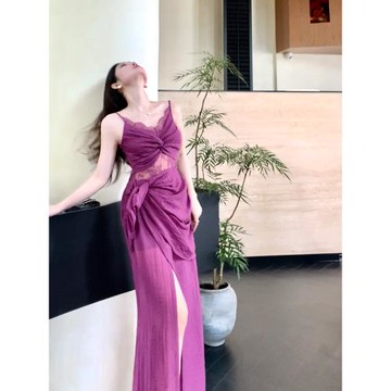 Good Job【紫風信子】法式復古蕾絲紫色連衣裙海邊度假氣質禮服