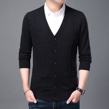 春秋爸爸裝真口袋長袖針織開衫毛衣薄款中老年男寬松羊毛衫