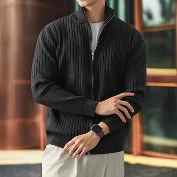秋冬新款休閒百搭寬鬆毛衣男時尚潮流條紋拉鍊上衣男