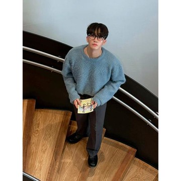 MRCYC水貂絨加厚圓領毛衣男士秋冬季內搭韓系寬松潮流保暖針織衫