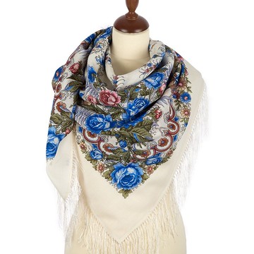 Pavlovo Posad 俄羅斯披肩 100% 羊毛圍巾 125x125 公分 披肩 絲綢流蘇 555-4