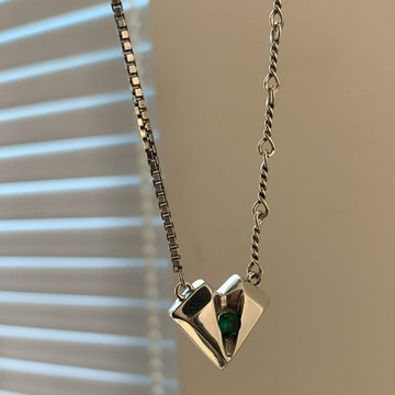 小寶s925純銀綠色鋯石折痕愛心拼接毛衣鏈項鏈女輕奢高級感冷淡風