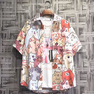 短袖花襯衫V領男夏威夷寬松情侶裝上衣時尚百搭日系學生韓版潮流潮牌夏季【倪醬】