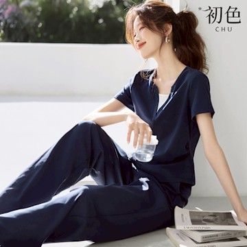 初色 休閒撞色拼接圓領V領長袖T恤上衣女上衣+純色寬鬆休閒褲寬褲長褲套裝-藏青色-11632(M-2XL可選)