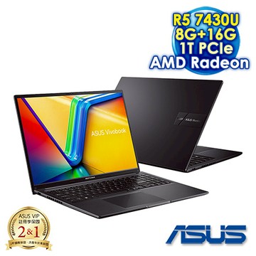 ASUS Vivobook 16 M1605YA-0091K7430U 搖滾黑 16吋效能筆電 (WUXGA IPS/AMD Ryzen 5 7430U/8G+16G
