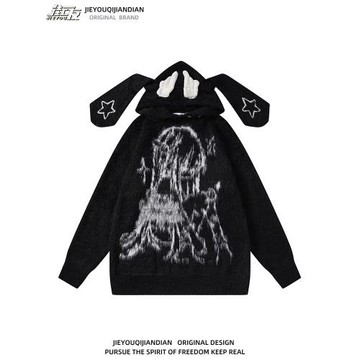 日系二次元可愛甜酷兔耳翅膀圓領亞文化毛絨軟糯動漫印花長袖毛衣