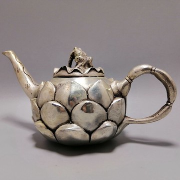 古玩雜項收藏仿古銅器白銅鎏銀書房居家擺件精品工藝品青蛙荷花壺