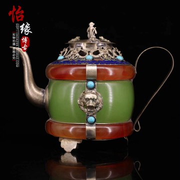 古董收藏古玩銅器 白銅包玉鑲寶石酒壺裝飾仿古老物件擺件觀賞器