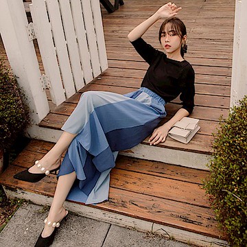 OB嚴選-不規則撞色剪裁腰鬆緊A字寬褲