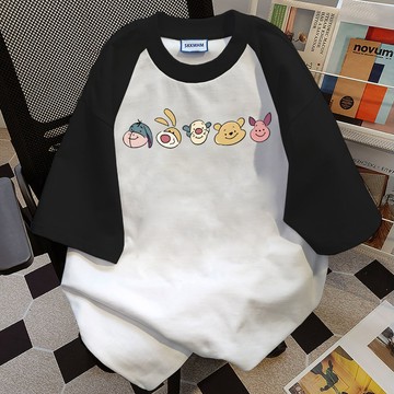 【董小姐】100%纯棉  學生黨衣服可愛風衣服  下半身失蹤  純棉 拼接短袖 插肩t恤  無性別穿搭  運動歐美上衣