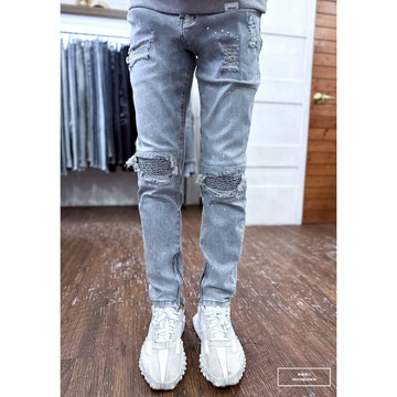 『老爺有喜』重磅潑墨波浪補丁側拉鍊小直筒 機車褲 側拉鍊 牛仔破褲 顯瘦修身窄管 補丁破壞牛仔褲(NOF2212221)