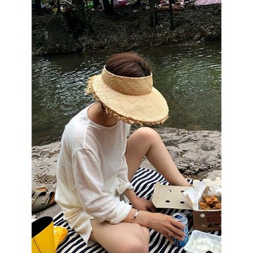 手工毛邊拉菲草大檐遮陽帽女式夏防曬草編空頂太陽帽海邊沙灘草帽
