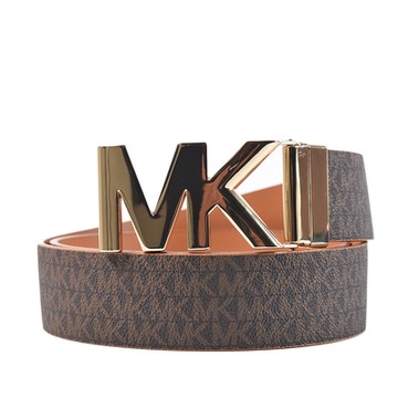 MICHAEL KORS 專櫃女款 緹花LOGO雙面用寬版皮帶-咖啡色-M