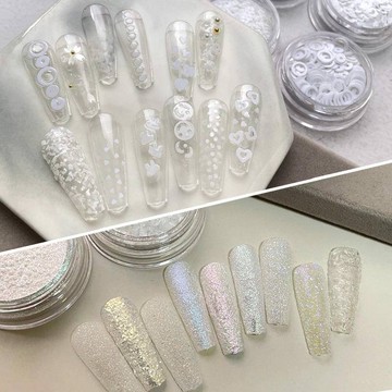 新款｜ 綜合白色系亮片閃粉素材 幾何形 兔子 愛心亮片 星星 蝴蝶結 超薄雲錦粉 砂糖粉 美甲DIY