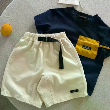 兒童休閒短褲夏季新品男女童純色織帶中褲男孩寶寶個性五分褲 男童短褲 運動短褲 夏天褲子 童褲 五分褲 兒童休閒短褲