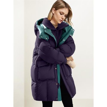 (免運)紫色連帽長款羽絨服女2025年冬裝新款鴨絨寬松保暖休閑面包外套潮