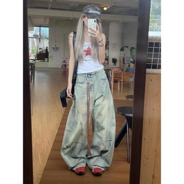 大碼辣妹卡通印花牛仔褲女夏季復古水洗寬松直筒闊腿褲高腰褲子潮