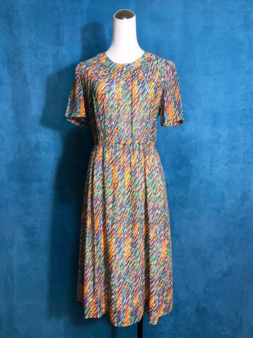 復古彩條短袖古著洋裝/ 國外帶回 VINTAGE