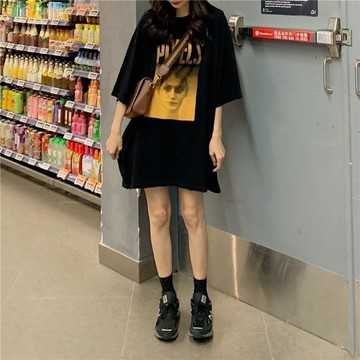 本土出貨 短袖T恤女ins寬鬆歐貨大版胖mm300斤中長款下衣失蹤體恤潮夏240潮大碼印花寬鬆卡通短袖顯瘦NBPE R