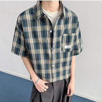 男士襯衫 大尺碼襯衫 26夏季復古短袖格子襯衫休閒新款痞帥潮牌高級潮流寬鬆休閒襯衣0812