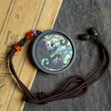 黑檀木鑲嵌彩貝吉祥如意小貓掛件創意男女士吊墜情侶掛飾禮物禮品