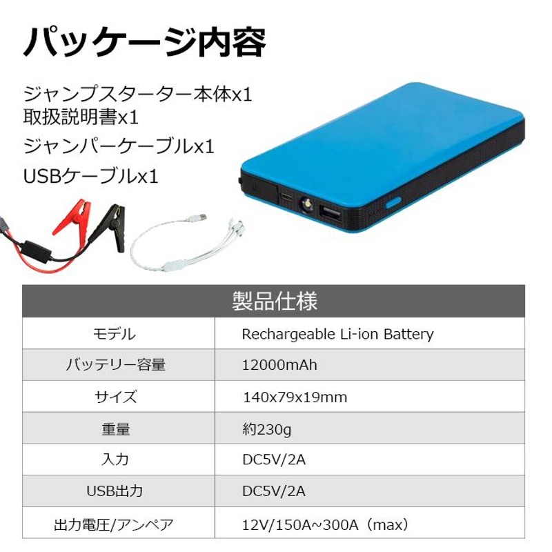 エンジンスターター モバイルバッテリー 12V車 12000mAh スマホ充電