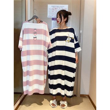 加肥條紋純棉睡裙女夏季韓版寬松加長款大碼睡衣胖MM200斤家居服