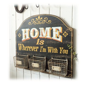 木制復古做舊三聯鐵線籃置物架 墻飾 鄉村風格1入