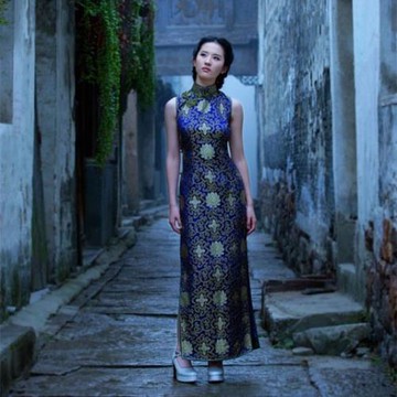 劉亦菲旗袍明星同款長款大碼改良開叉古典織錦緞藍色氣質經典走秀