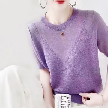 1號復古提花圓領針織T恤女好看夏季新款寬松通勤薄款短袖小衫