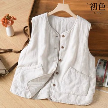 初色 棉麻風純色圓領單排釦口袋無袖背心女背心-麻色-17601(M-2XL可選)