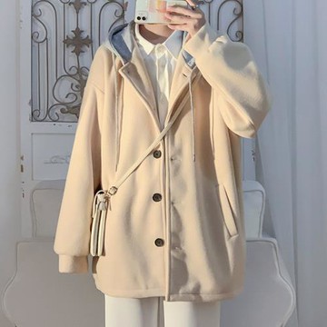 2023新款假兩件呢子風衣外套男春秋款中長款毛呢大衣港風連帽上衣