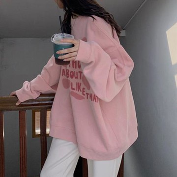 粉色彩色衛衣女秋冬加絨寬松大碼胖mm遮肉上衣慵懶風外套