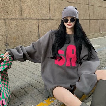 灰色秋冬加絨衛衣女2025新款寬松中長款街頭潮牌春秋薄款圓領外套