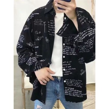 港風印花長袖襯衫男生韓版潮流帥氣襯衣潮牌寬松情侶寸衫痞帥外套