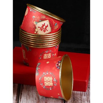 一次性碗結婚金箔高檔紙碗加厚喜宴婚慶紅色紙杯圓形喜碗套裝家用