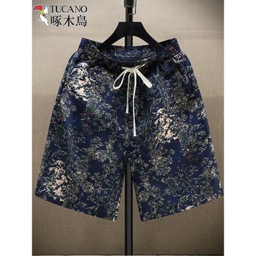 啄木鳥夏季短褲男2025新款外穿潮流寬松大碼印花休閑沙灘五分褲子