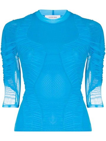 Marine Serre - Hydrodynamic ruched crew neck top - women - Polyamide/Polyamide/Viscose/Elastane - XS - Blue