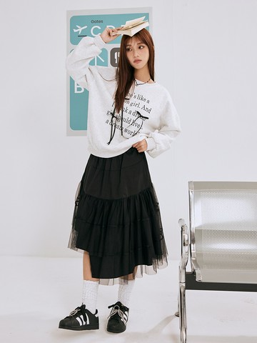 不對稱下襬網紗拼接中裙