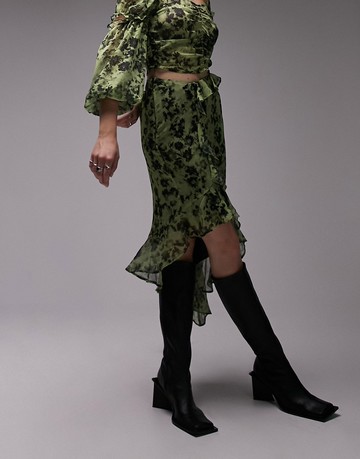 Topshop co-ord raw edge ruffle midi skirt in green floral