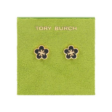 TORY BURCH Kira 花朵設計琺瑯針式耳環(黑色金色)
