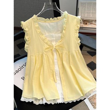 自留款推薦~假兩件木耳邊系帶無袖襯衫背心女夏外穿寬松別致上衣