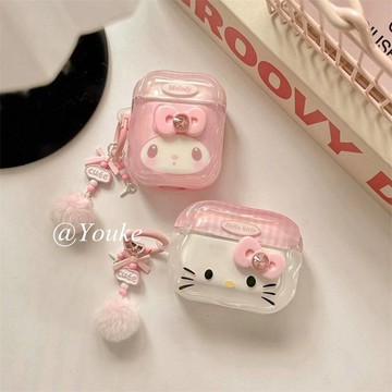 卡通粉色格纹KT 適用 AirPods Pro 2代 3代 4代 保護套 蘋果無線降噪藍牙耳機防摔保護殼