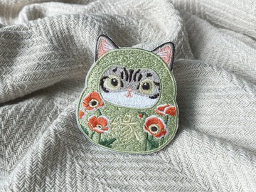 虎斑 刺繡 隨身鏡/燙貼/別針 | 達摩 招財貓 電繡 布貼