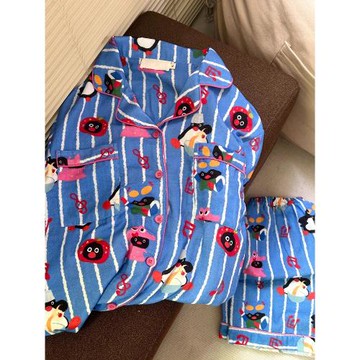 條紋情侶睡衣女夏季可愛卡通藍色短袖薄款夏天三件套裝家居服男士