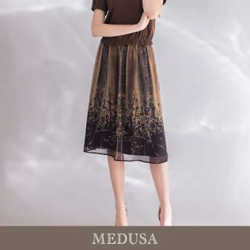 現貨【MEDUSA 曼度莎】台灣製 深棕暈染印花雪紡鬆緊腰中長裙（M-XL）｜雪紡裙 長裙穿搭 度假穿搭