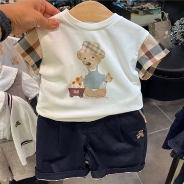 韓國童裝 24夏新款男女寶可愛圓領格紋拼接洋氣時尚上衣 短袖T恤