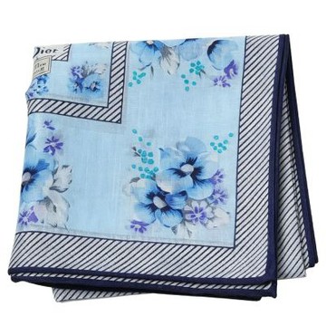 Christian DIOR 淺藍底斜紋框繽紛花卉圖騰字母LOGO帕領巾(46CM)